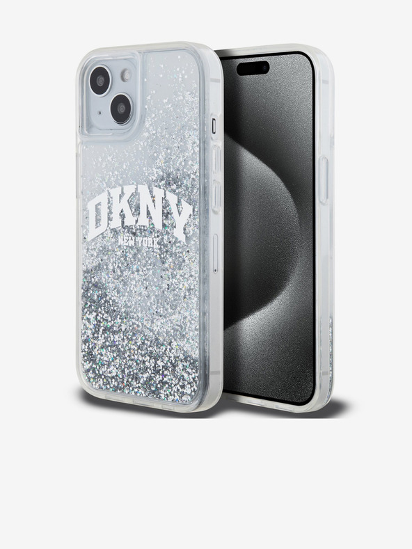 DKNY Liquid Glitter Arch Logo Back Cover für iPhone 14 Transparent DKNY