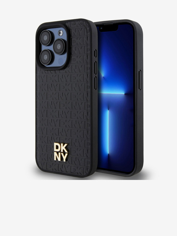 DKNY PU Leder Wiederholungsmuster Stack Logo Magsafe Back Cover für iPhone 15 Pro Schwarz DKNY