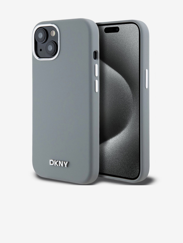DKNY Liquid Silicone Silber Metall Logo Magsafe Back Cover für iPhone 15 Grau DKNY