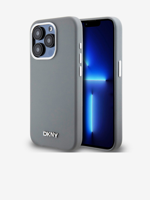 DKNY Liquid Silicone Silber Metall Logo Magsafe Back Cover für iPhone 15 Pro Grau DKNY