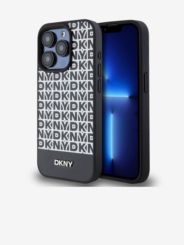 DKNY PU Leather Repeat Pattern Bottom Stripe MagSafe Back Cover for iPhone 14 Pro Black DKNY