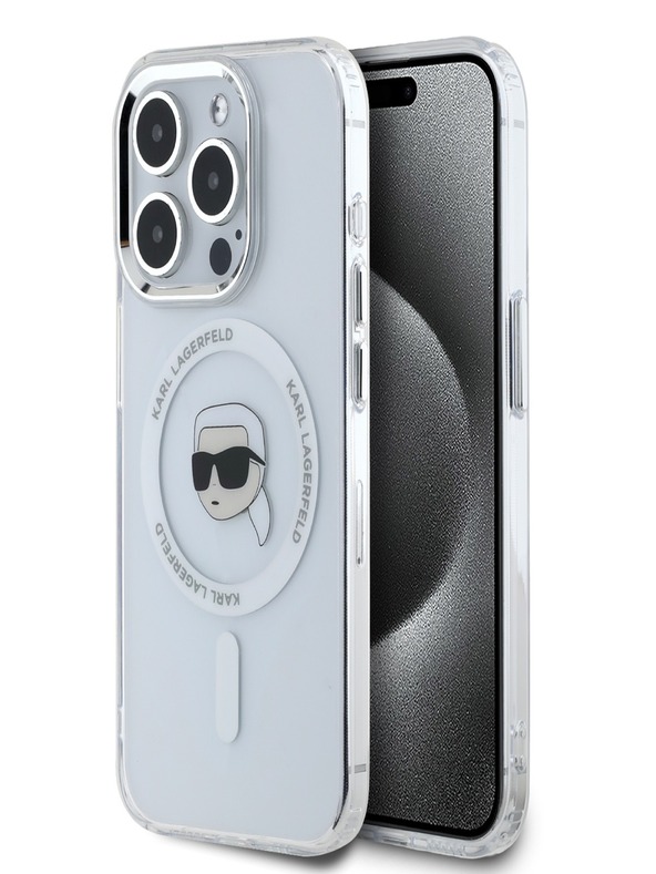 Karl Lagerfeld Karl Lagerfeld IML Karl Head Metallrahmen MagSafe Back Cover für iPhone 15 Pro Transparent