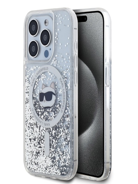 Karl Lagerfeld Karl Lagerfeld Liquid Glitter Choupette Head MagSafe Back Cover für iPhone 15 Pro Max Transparent