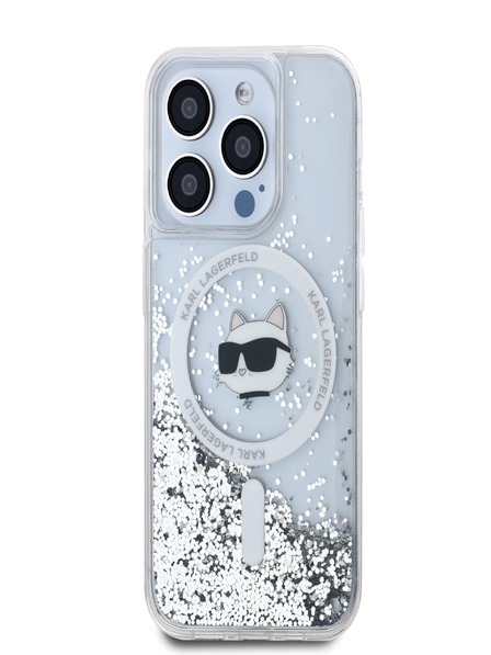 Karl Lagerfeld Karl Lagerfeld Liquid Glitter Choupette Head MagSafe Back Cover für iPhone 15 Pro Max Transparent