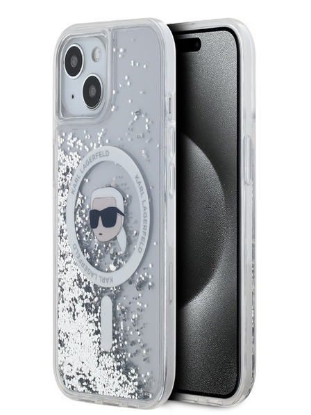 Karl Lagerfeld Karl Lagerfeld Liquid Glitter Karl Head Magsafe Back Cover für iPhone 15 Transparent