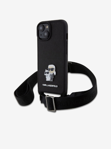 Karl Lagerfeld Karl Lagerfeld Saffiano Crossbody Strap Metall Karl und Choupette Back Cover für iPhone 15 Schwarz