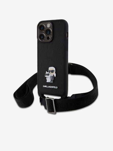 Karl Lagerfeld Saffiano Crossbody Strap Metall Karl und Choupette Back Cover für iPhone 15 Pro Max Schwarz Karl Lagerfeld