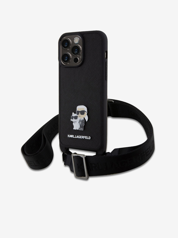 Karl Lagerfeld Saffiano Crossbody Strap Metall Karl und Choupette Back Cover für iPhone 15 Pro Max Schwarz Karl Lagerfeld
