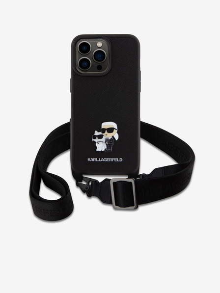 Karl Lagerfeld Saffiano Crossbody Strap Metall Karl und Choupette Back Cover für iPhone 15 Pro Max Schwarz Karl Lagerfeld