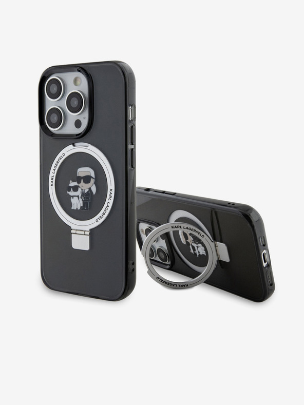 Karl Lagerfeld Ringstand Karl und Choupette MagSafe Back Cover für iPhone 15 Pro Schwarz Karl Lagerfeld