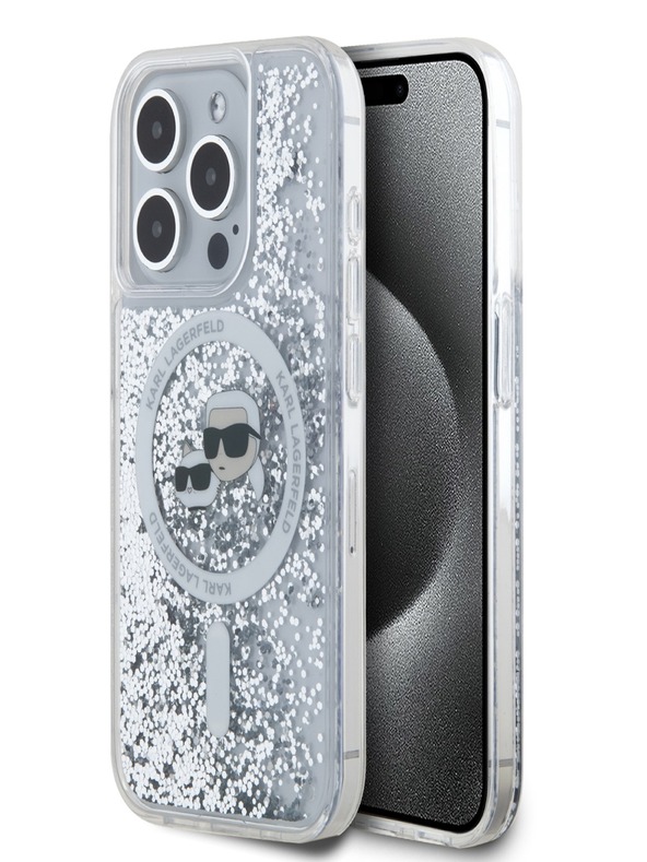 Karl Lagerfeld Karl Lagerfeld Liquid Glitter Karl und Choupette Heads MagSafe Back Cover für iPhone 15 Pro Max Transparent
