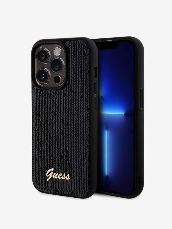 Guess Guess Pailletten-Skript-Logo-Rückseite für iPhone 14 Pro Max Schwarz