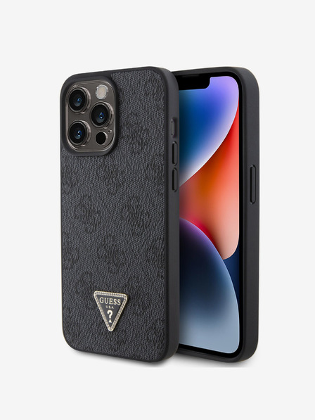 Guess PU 4G Strass Triangle Metal Logo Back Cover for iPhone 15 Pro Max Black Phone Case