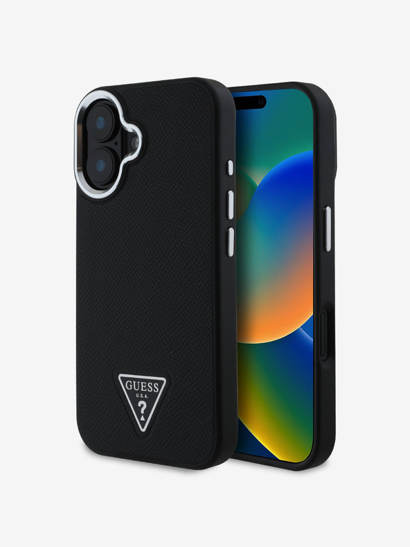 Guess Guess PU Grained Triangle Logo Back Cover für iPhone 16 Schwarz