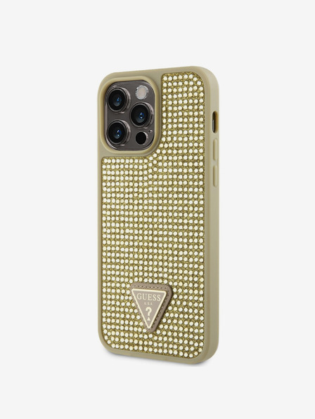 Guess Rhinestones Triangle Metal Logo Kryt pro iPhone 14 Pro Max Gold Handyhülle