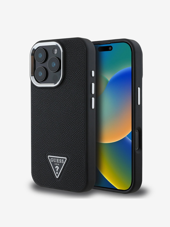 Guess Guess PU Grained Triangle Logo Back Cover für iPhone 16 Pro Schwarz