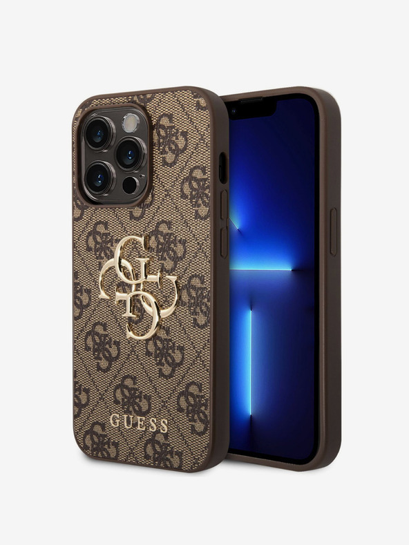 Guess PU 4G Metal Logo Rückseite Hülle für iPhone 15 Pro Max Braun Handyhülle
