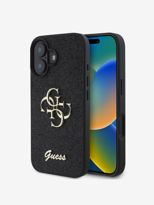 Guess Guess PU Fixed Glitter 4G Metall-Logo Back Cover für iPhone 16 Schwarz