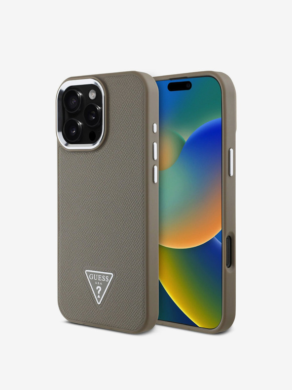 Guess Guess PU Grained Triangle Logo Back Cover für iPhone 16 Pro Braun