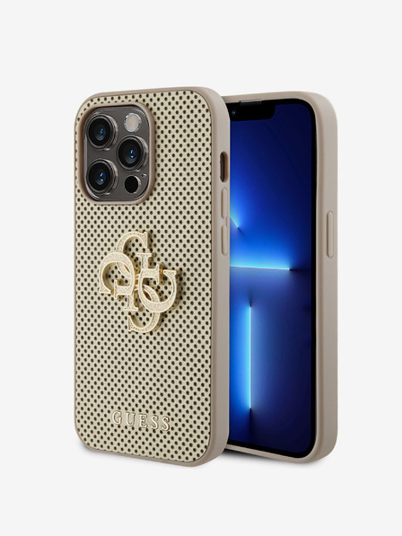 Guess PU Perforated 4G Glitter Metal Logo Zadní Kryt pro iPhone 15 Pro Max Gold Handyhülle