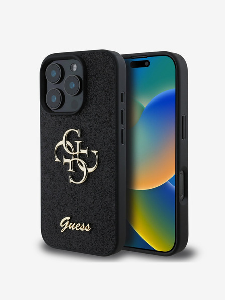 Guess PU Fixed Glitter 4G Metal Logo Zadní Kryt pro iPhone 16 Pro Black Handyhülle