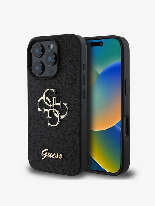 Guess Guess PU Fixed Glitter 4G Metall Logo Back Cover für iPhone 16 Pro Schwarz
