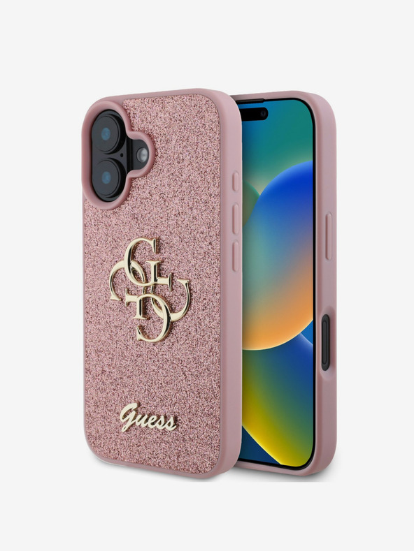Guess Guess PU Fixed Glitter 4G Metall Logo Back Cover für iPhone 16 Pink