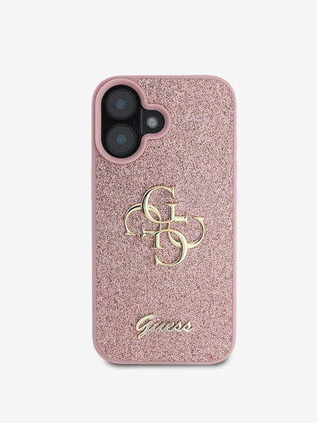 Guess Guess PU Fixed Glitter 4G Metall Logo Back Cover für iPhone 16 Pink