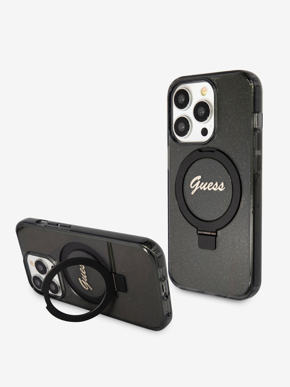 Guess IML Ringhalter Glitzer MagSafe Rückseite für iPhone 15 Pro Max Black Handyhülle