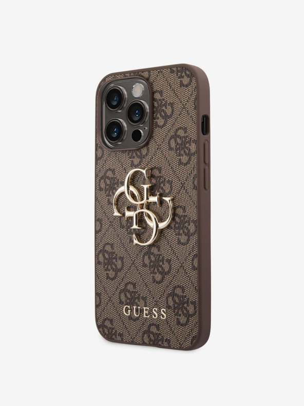 Guess PU 4G Metall Logo Rückseite für iPhone 14 Pro Brown Handyhülle