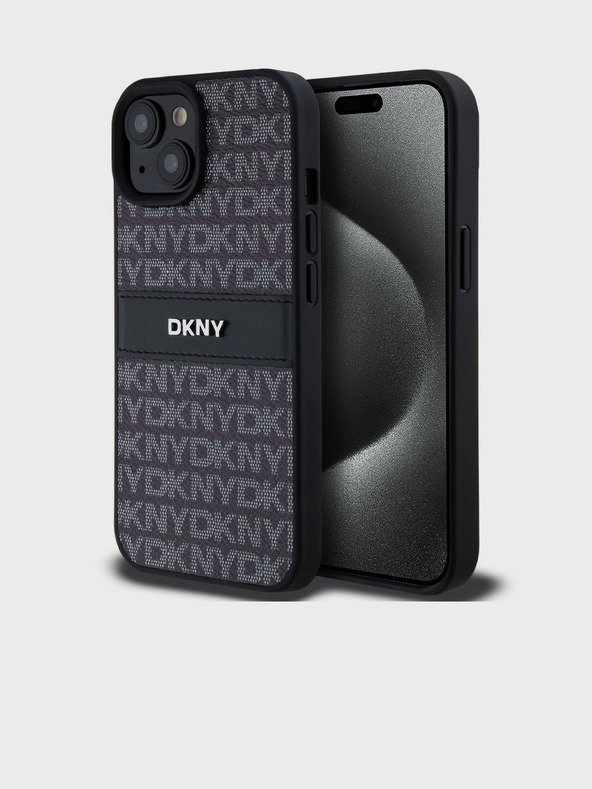 DKNY Schwarzes PU-Leder mit tonalem Streifenmuster für iPhone 15 Schwarz DKNY