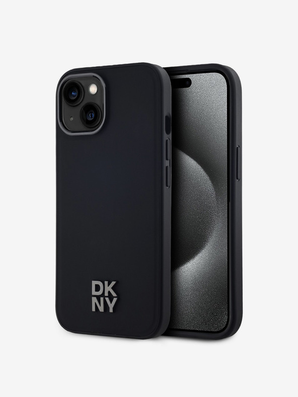 DKNY PU Leder Stack Logo Magsafe Back Cover für iPhone 15 Schwarz DKNY