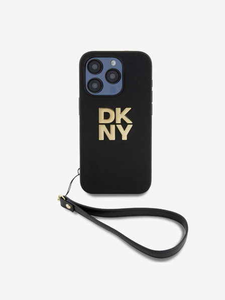 DKNY PU Leather Stack Logo Wrist Strap Back Cover für iPhone 14 Pro Schwarz DKNY