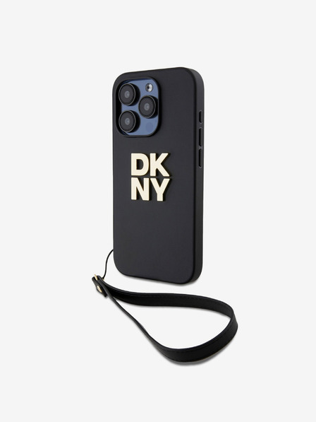DKNY PU Leather Stack Logo Wrist Strap Back Cover für iPhone 14 Pro Schwarz DKNY