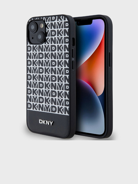 DKNY PU Leather Repeat Pattern Bottom Stripe MagSafe Back Cover for iPhone 13 Black DKNY