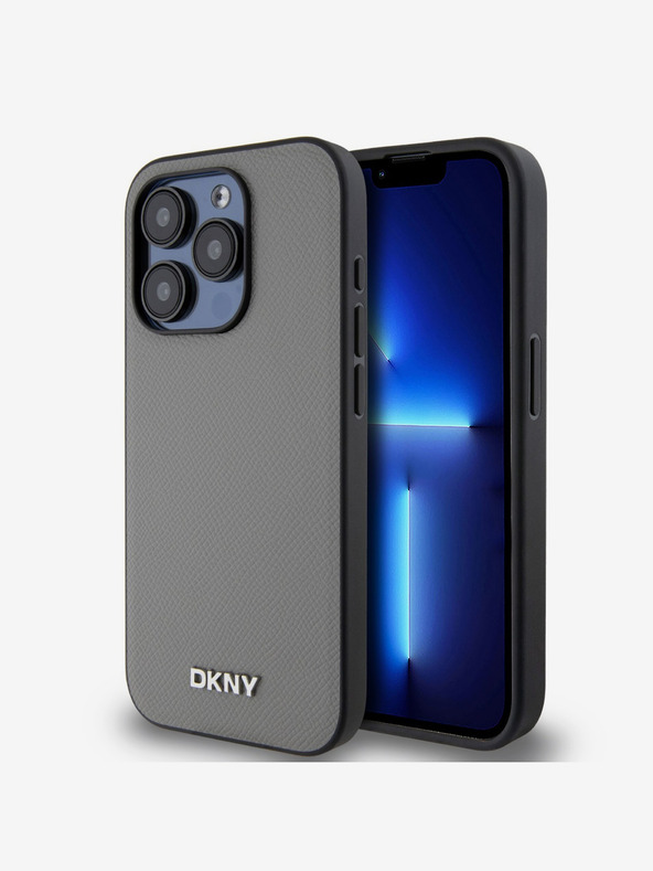 DKNY PU Leder Silber Metall Logo Magsafe Back Cover für iPhone 15 Pro Max Grau DKNY