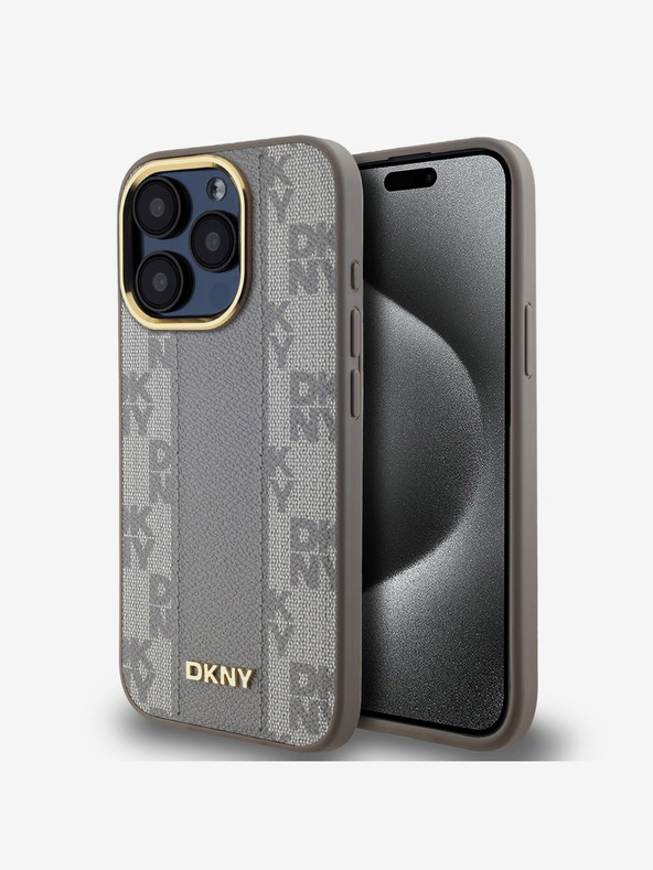 DKNY PU Leder Karomuster Magsafe Schutzhülle für iPhone 15 Pro Max Beige DKNY