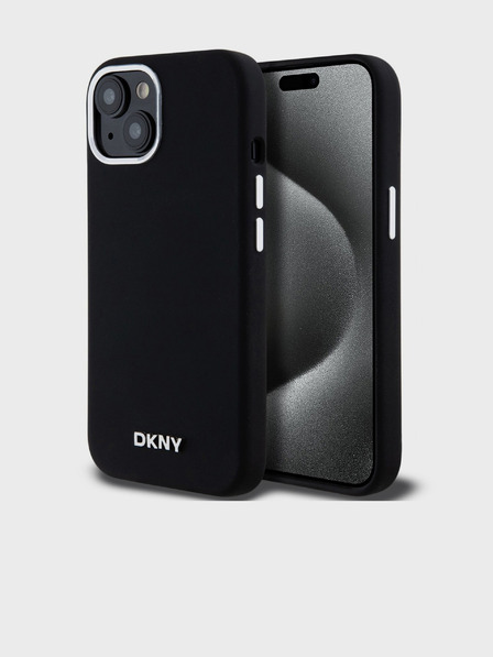 DKNY Flüssigsilikon Silber Metall Logo Magsafe Back Cover für iPhone 15 Schwarz DKNY
