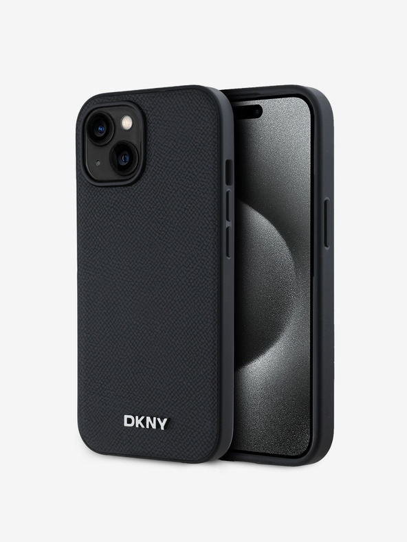 DKNY PU Leder Silber Metall Logo Magsafe Back Cover für iPhone 14 Schwarz DKNY