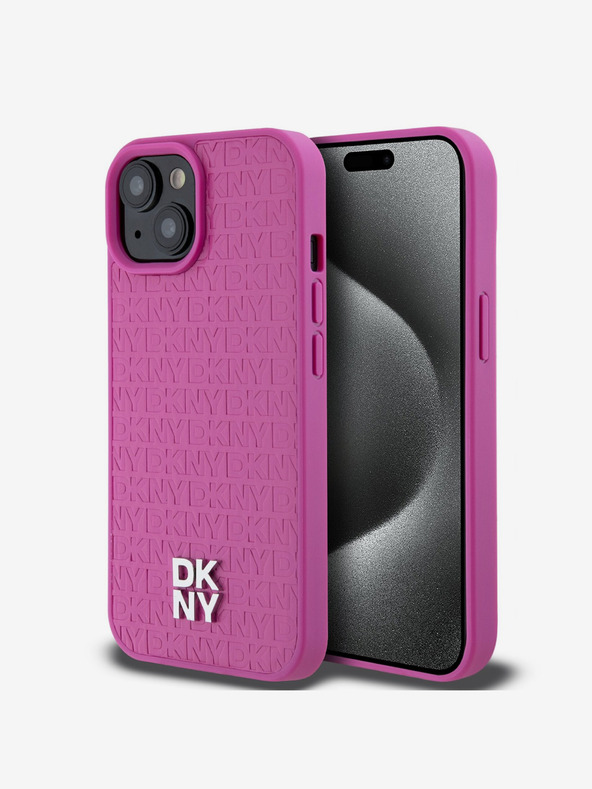 DKNY PU Leder Wiederholungsmuster Stack Logo Magsafe Schutzhülle für iPhone 15 Pink DKNY