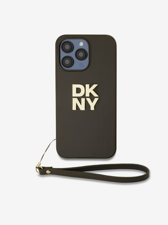 DKNY PU Leather Stack Logo Wrist Strap Back Cover für iPhone 14 Pro Max Braun DKNY