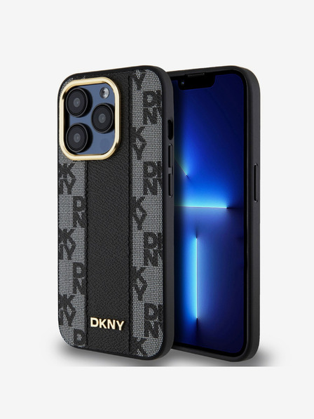 DKNY PU Leder Karomuster Magsafe Back Cover für iPhone 15 Pro Max Schwarz DKNY