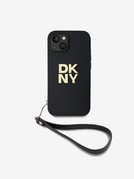 DKNY PU Leather Stack Logo Wrist Strap Back Cover für iPhone 14 Schwarz DKNY