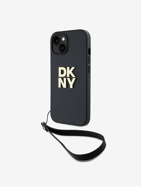 DKNY PU Leather Stack Logo Wrist Strap Back Cover für iPhone 14 Schwarz DKNY