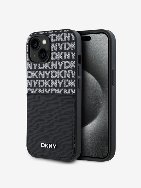 DKNY Kartenrückseite aus PU-Leder mit sich wiederholendem Muster für iPhone 15 Schwarz DKNY