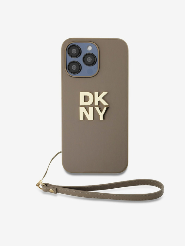 DKNY PU Leather Stack Logo Wrist Strap Back Cover für iPhone 14 Pro Max Beige DKNY