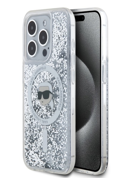 Karl Lagerfeld Karl Lagerfeld Liquid Glitter Karl Head MagSafe Back Cover für iPhone 15 Pro Max Transparent