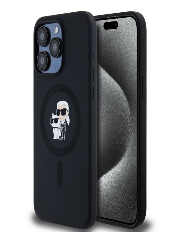 Karl Lagerfeld Flüssigsilikon Karl und Choupette Magsafe Schutzhülle für iPhone 15 Pro Max Schwarz Karl Lagerfeld