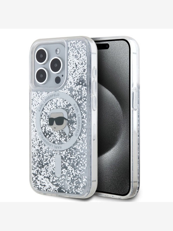 Karl Lagerfeld Karl Lagerfeld Liquid Glitter Karl Head MagSafe Back Cover für iPhone 15 Pro Transparent