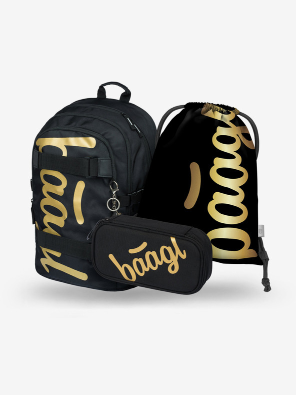 BAAGL  Schwarzes Schulset - Rucksack, Mäppchen und Tasche Baagl Skate Gold